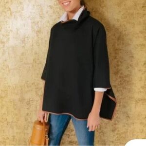 Tuckernuck Womens OS One Size Black LEATHER TRIM FUNNEL NECK PIPER PONCHO